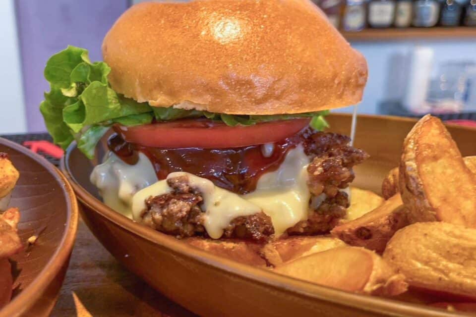 Delicious and juicy looking burger with crispy fries.